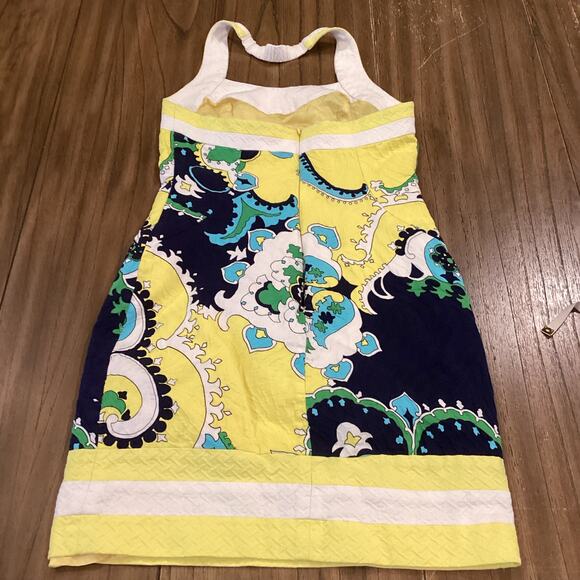 Muse yellow blue halter retro Floral Tropical Halter waffle cotton Dress Size 6 - Picture 2 of 10